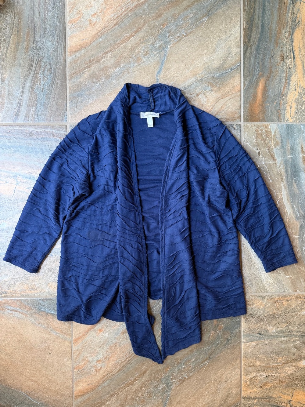 Dressbarn Navy Blue Textured Open Front Cardigan Waterfall Drape Large L